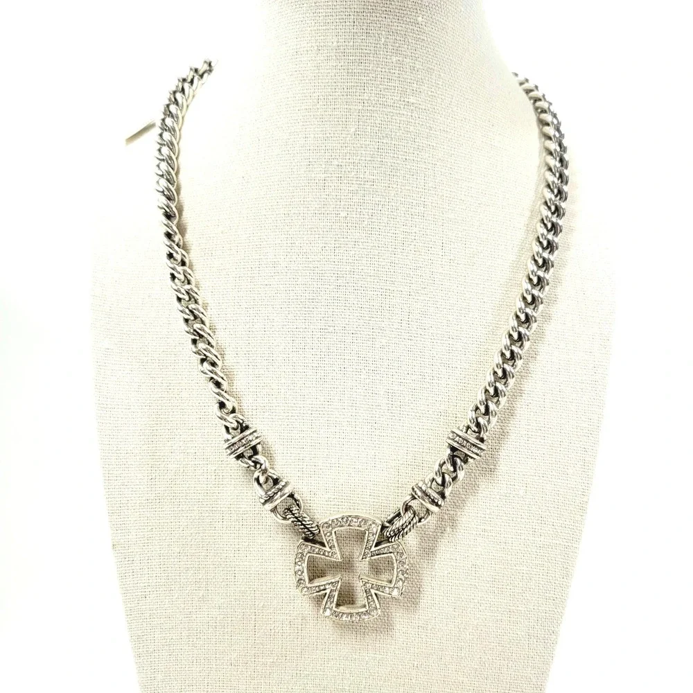 Brighton Chunky Silver Tone Maltese Cross Necklace‎ Reversible Rhinestone NWT